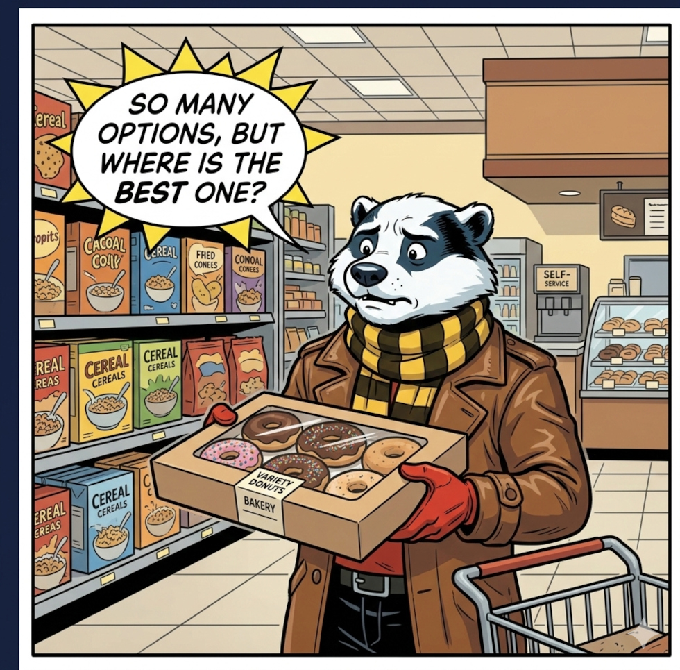 Star badger holding donuts at a supermarket